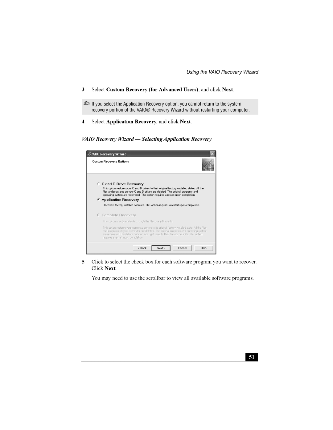 Sony PCG-FRV manual Vaio Recovery Wizard Selecting Application Recovery 