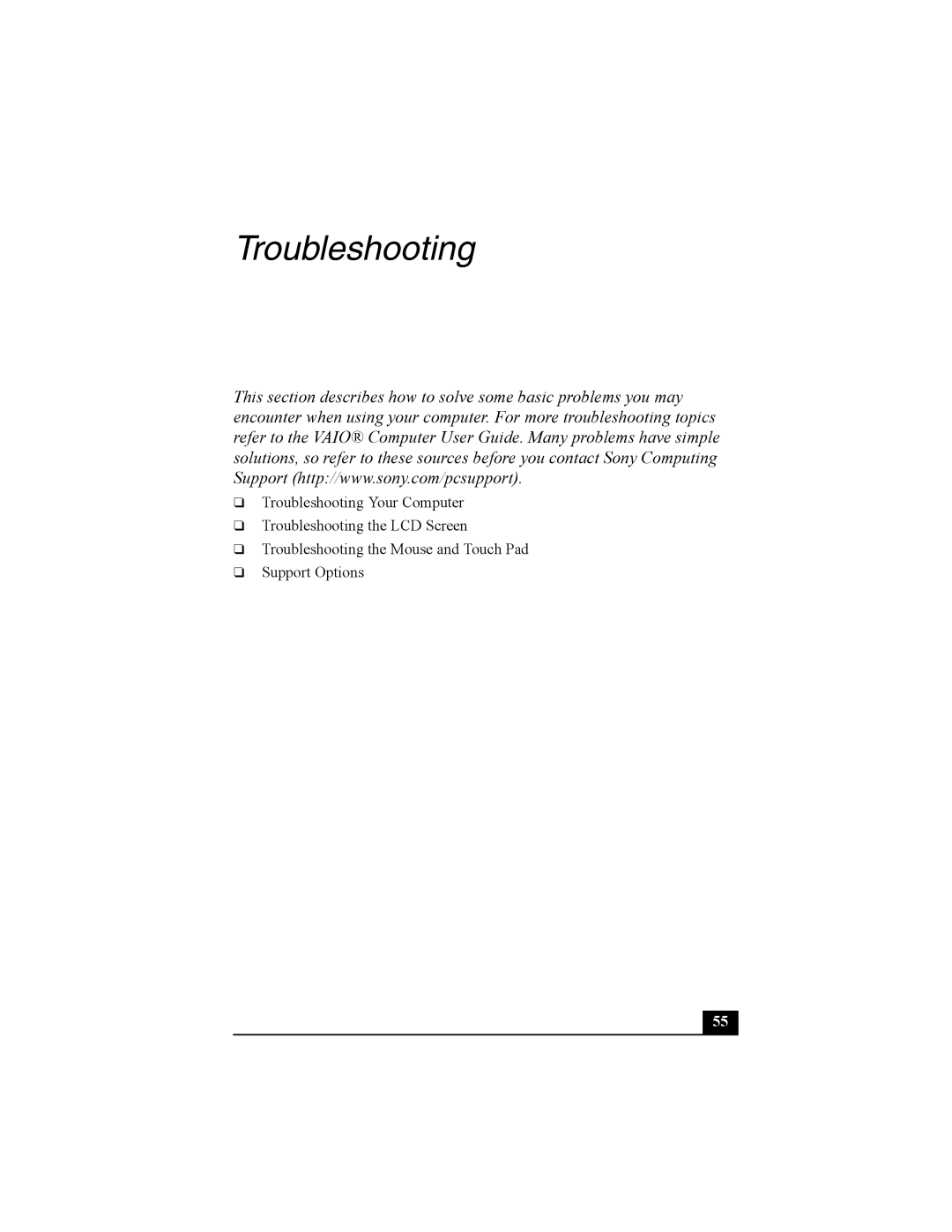 Sony PCG-FRV manual Troubleshooting 