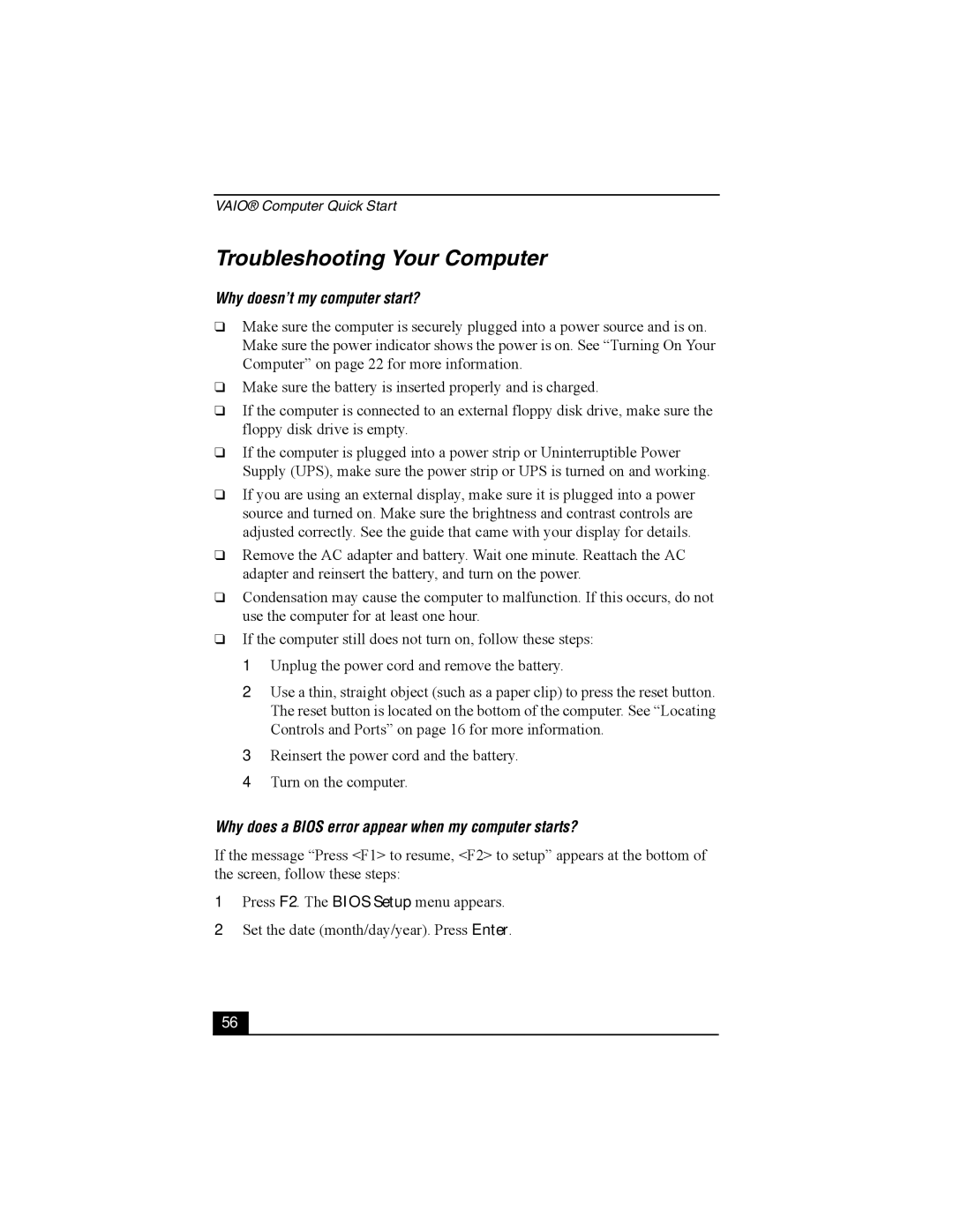 Sony PCG-FRV manual Troubleshooting Your Computer, Why doesn’t my computer start? 