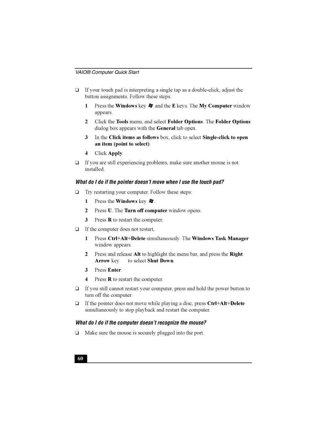 Sony PCG-FRV manual What do I do if the computer doesn’t recognize the mouse? 