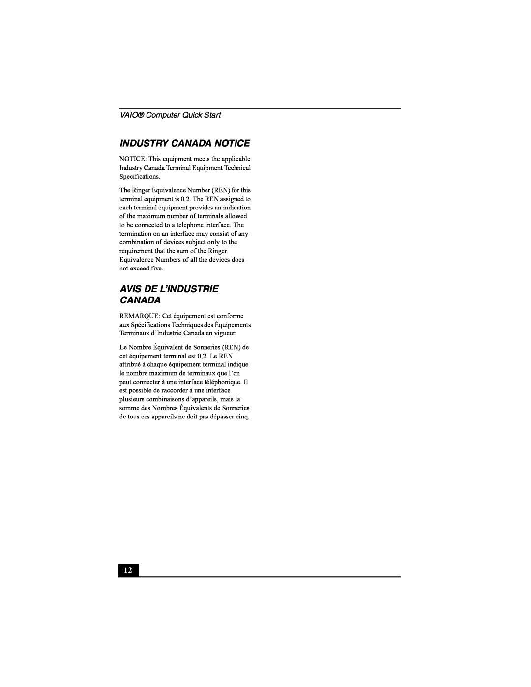 Sony PCG-FRV manual Industry Canada Notice, Avis De L’Industrie Canada, VAIO Computer Quick Start 