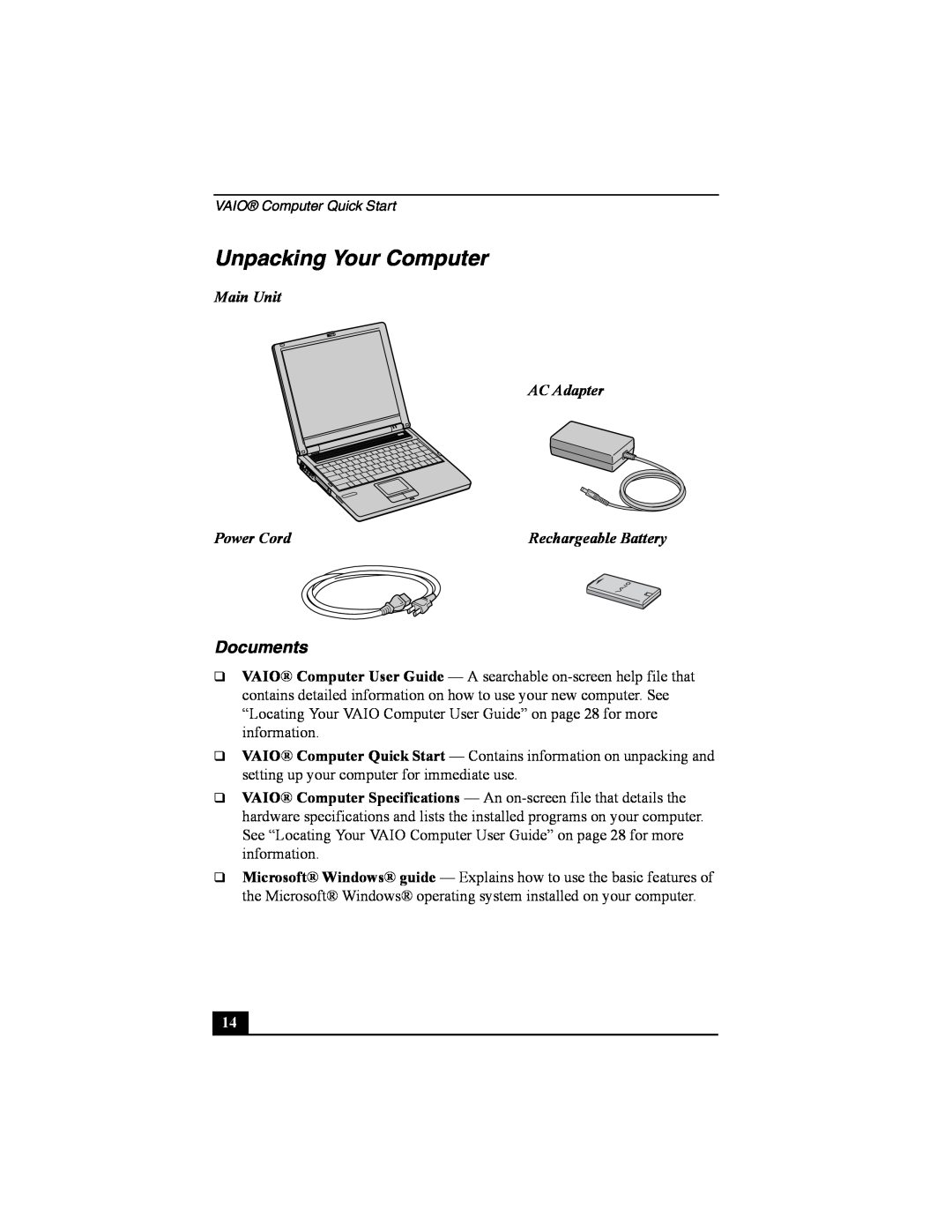 Sony PCG-FRV manual Unpacking Your Computer, Documents, Main Unit AC Adapter, Power Cord 