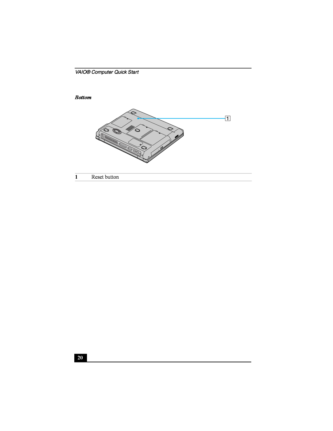 Sony PCG-FRV manual Bottom, Reset button, VAIO Computer Quick Start 