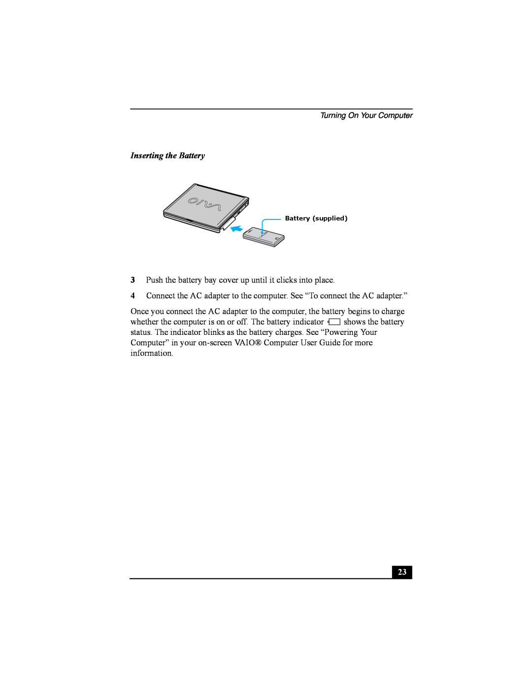 Sony PCG-FRV manual Inserting the Battery 
