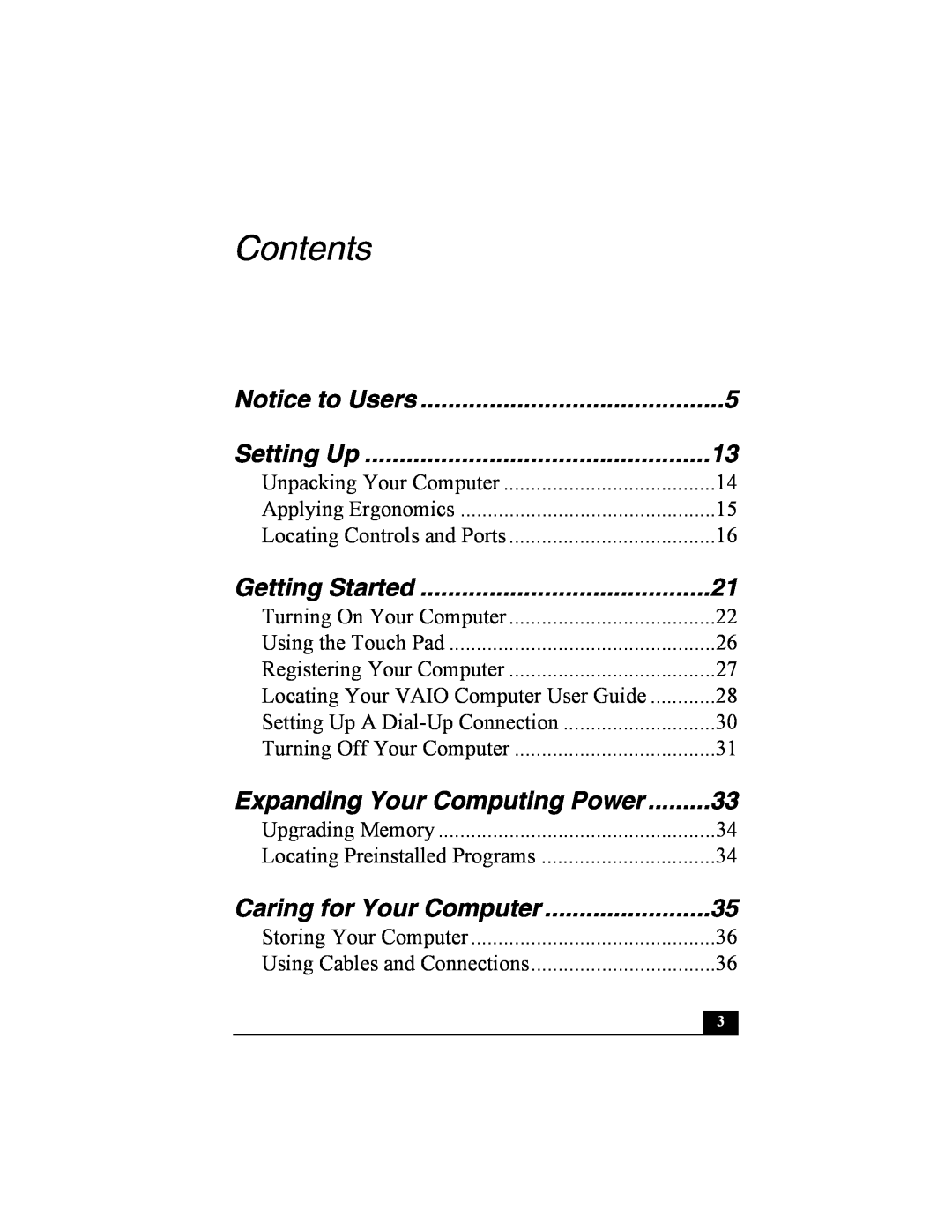 Sony PCG-FRV manual Contents, Setting Up, Getting Started, Expanding Your Computing Power, Caring for Your Computer 