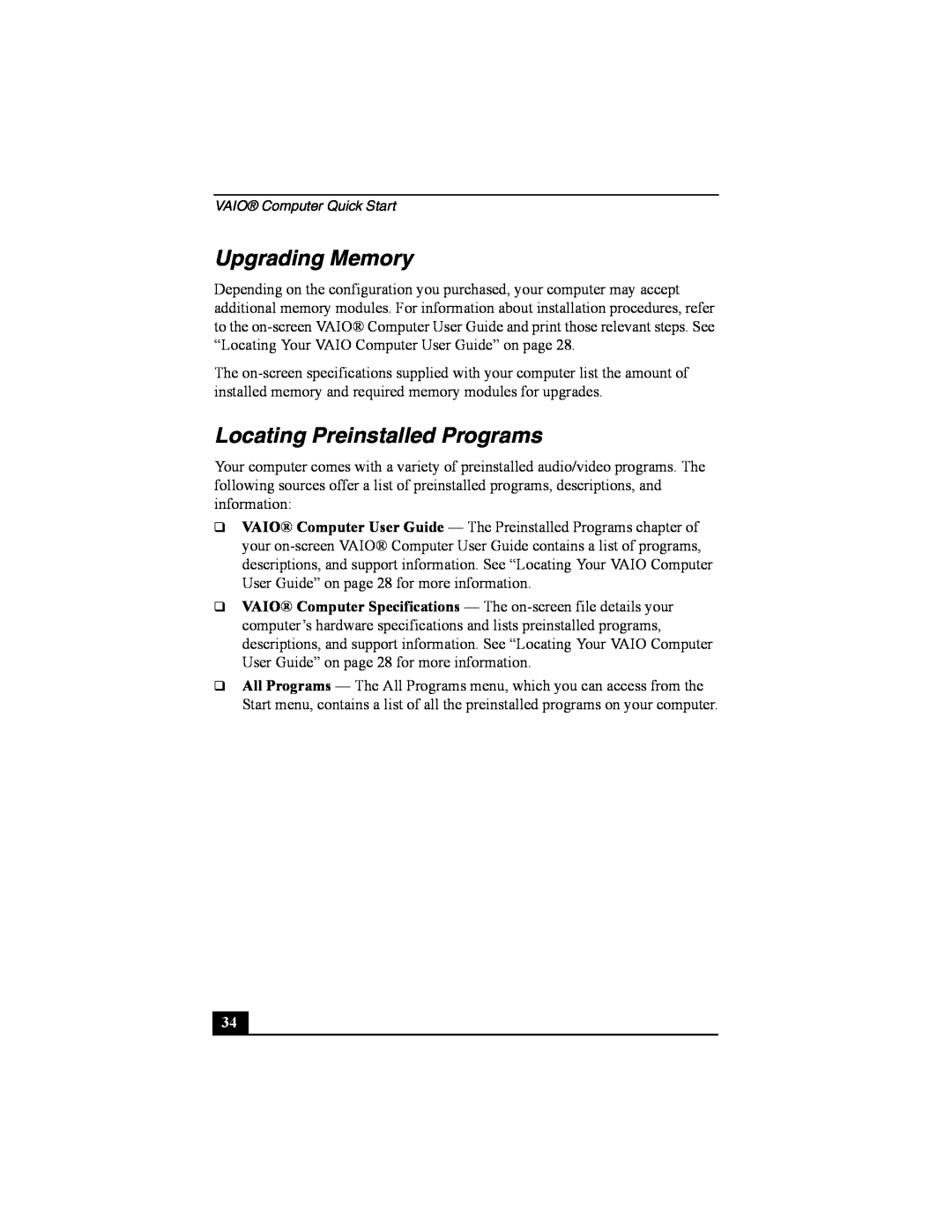 Sony PCG-FRV manual Upgrading Memory, Locating Preinstalled Programs 