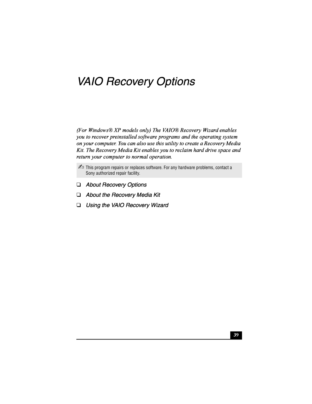 Sony PCG-FRV VAIO Recovery Options, About Recovery Options About the Recovery Media Kit, Using the VAIO Recovery Wizard 