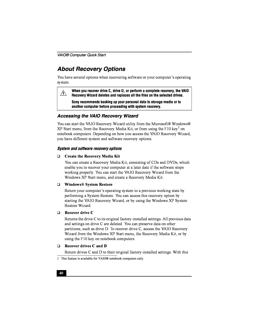 Sony PCG-FRV manual About Recovery Options, Accessing the VAIO Recovery Wizard, System and software recovery options 