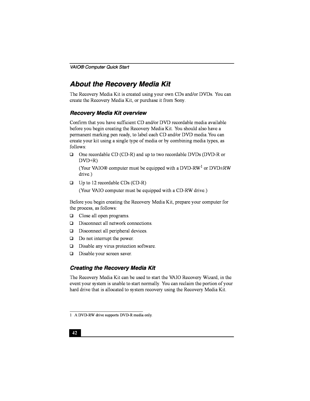 Sony PCG-FRV manual About the Recovery Media Kit, Recovery Media Kit overview, Creating the Recovery Media Kit 