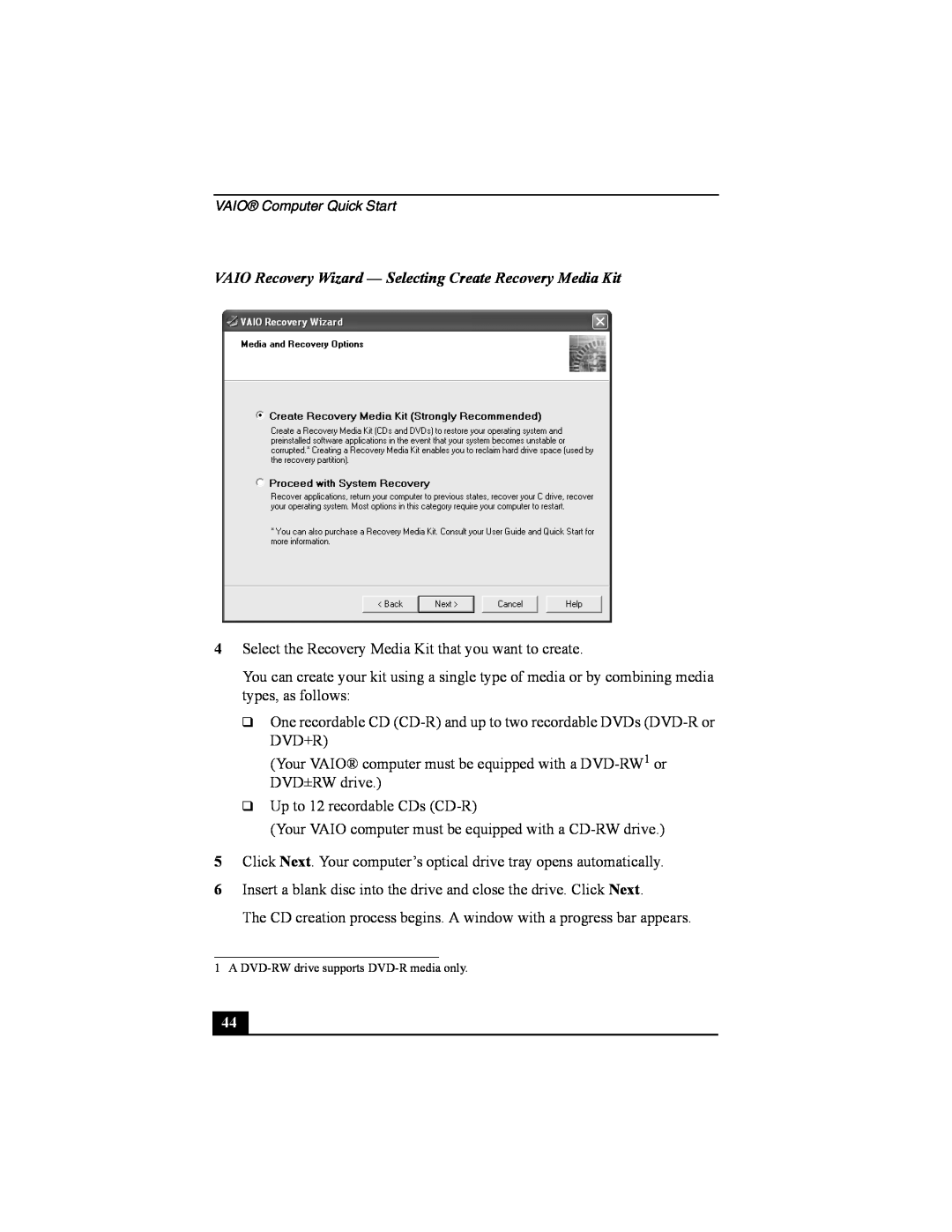 Sony PCG-FRV manual VAIO Recovery Wizard - Selecting Create Recovery Media Kit 