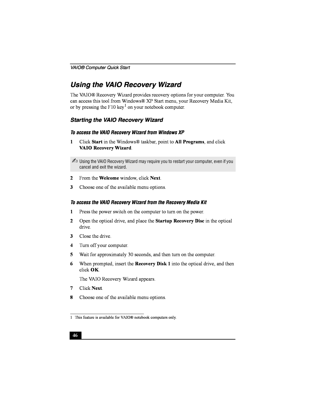 Sony PCG-FRV manual Using the VAIO Recovery Wizard, Starting the VAIO Recovery Wizard 