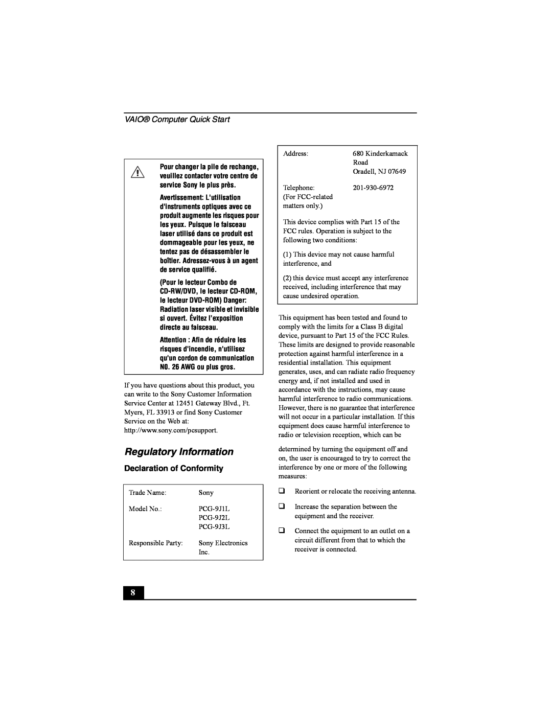 Sony PCG-FRV manual Regulatory Information, VAIO Computer Quick Start, Declaration of Conformity 