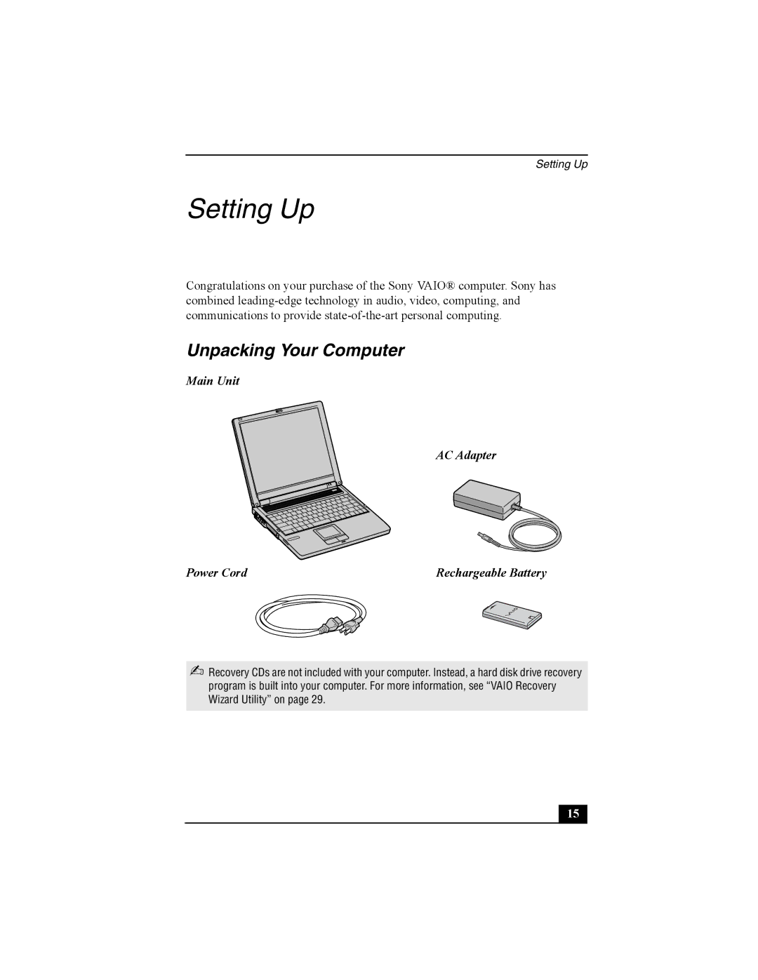 Sony PCG-FRV30 quick start Unpacking Your Computer, Main Unit AC Adapter Power Cord 