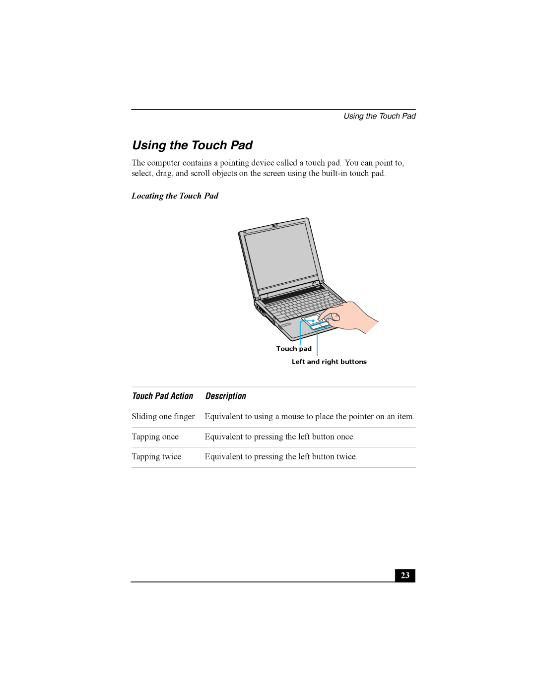 Sony PCG-FRV30 quick start Using the Touch Pad, Locating the Touch Pad, Touch Pad Action Description 