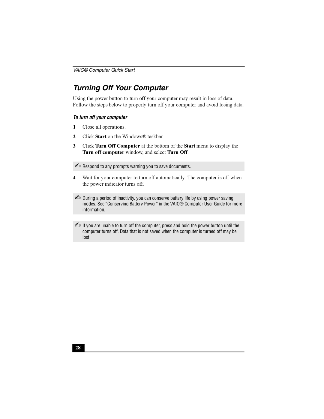 Sony PCG-FRV30 quick start Turning Off Your Computer, To turn off your computer 