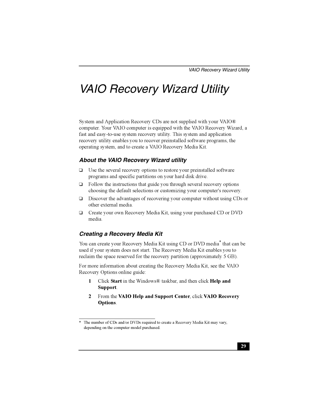 Sony PCG-FRV30 quick start About the Vaio Recovery Wizard utility, Creating a Recovery Media Kit 