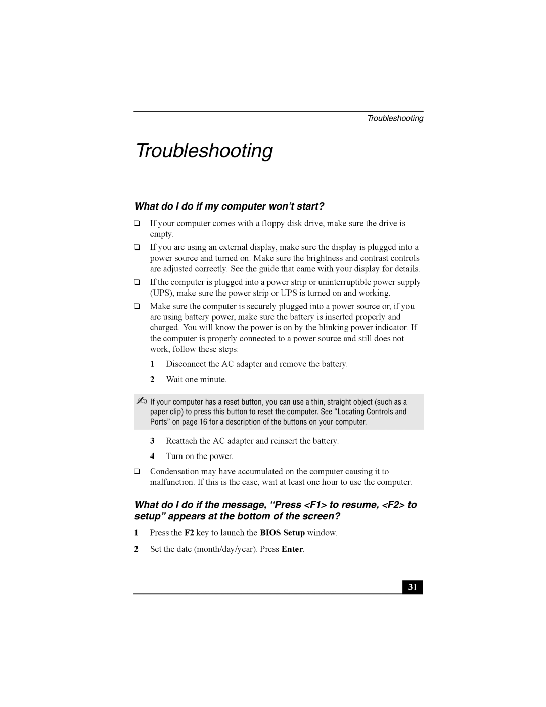 Sony PCG-FRV30 quick start Troubleshooting, What do I do if my computer won’t start? 