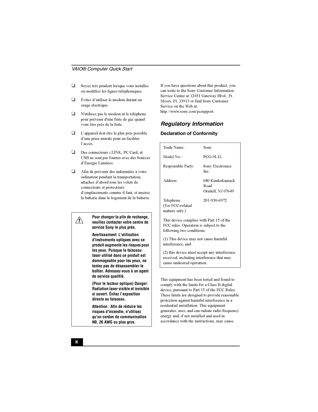 Sony PCG-FRV30 quick start Regulatory Information, Évitez d’utiliser le modem durant un orage électrique 