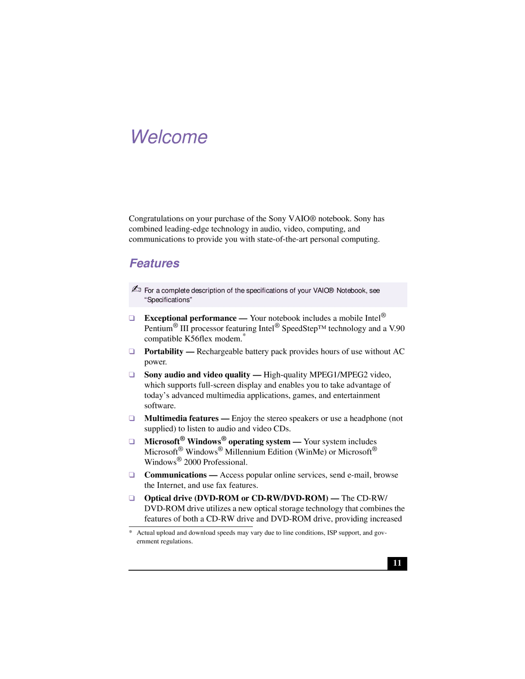 Sony PCG-FX120 manual Welcome, Features 