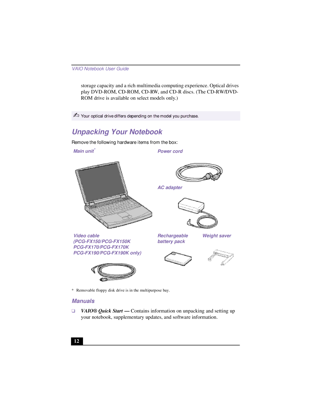 Sony PCG-FX120 manual Unpacking Your Notebook, Manuals 