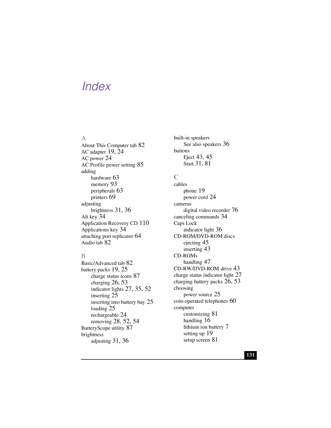 Sony PCG-FX120 manual Index, 131 