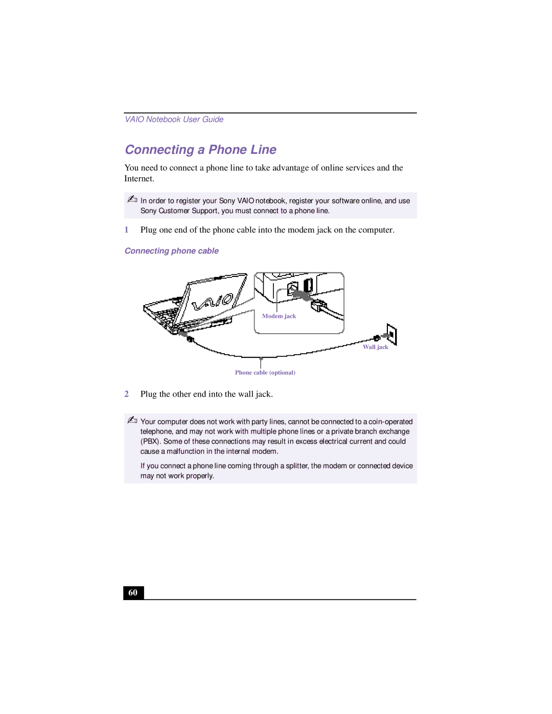 Sony PCG-FX120 manual Connecting a Phone Line, Connecting phone cable 