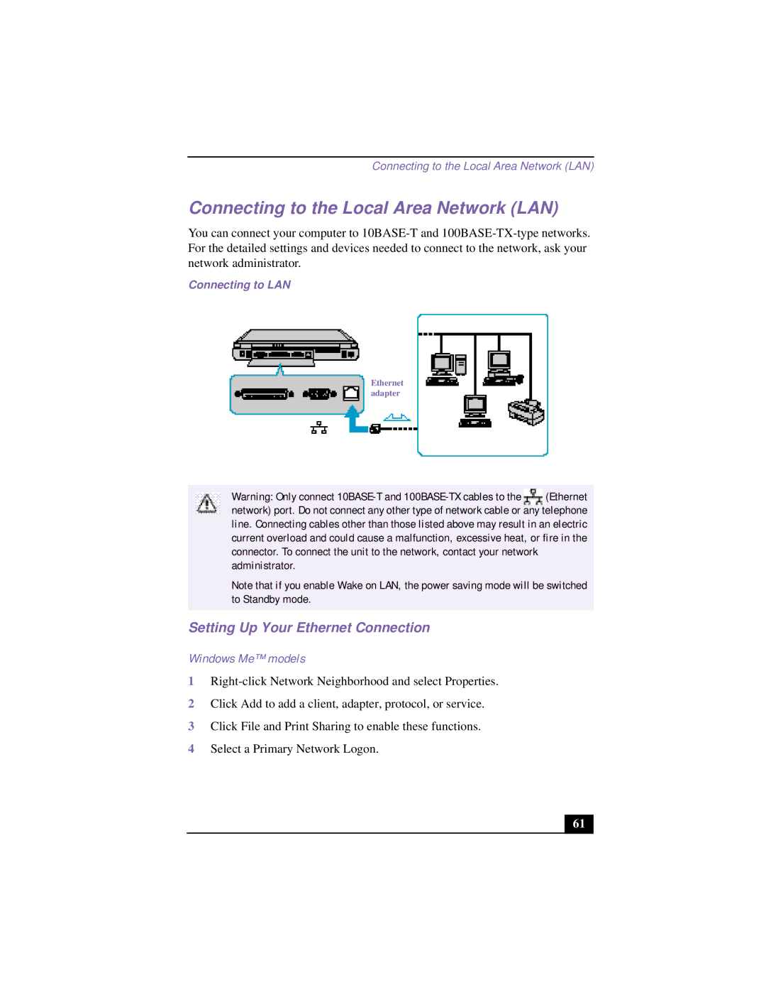 Sony PCG-FX120 manual Connecting to the Local Area Network LAN, Setting Up Your Ethernet Connection, Windows Me models 