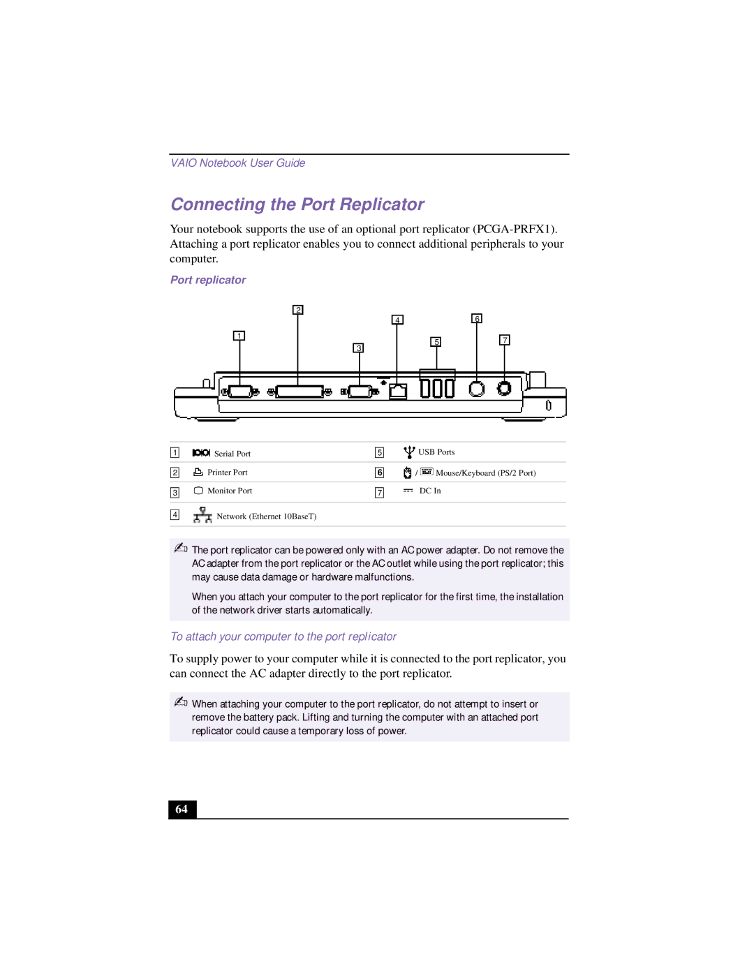 Sony PCG-FX120 manual Connecting the Port Replicator, To attach your computer to the port replicator, Port replicator 