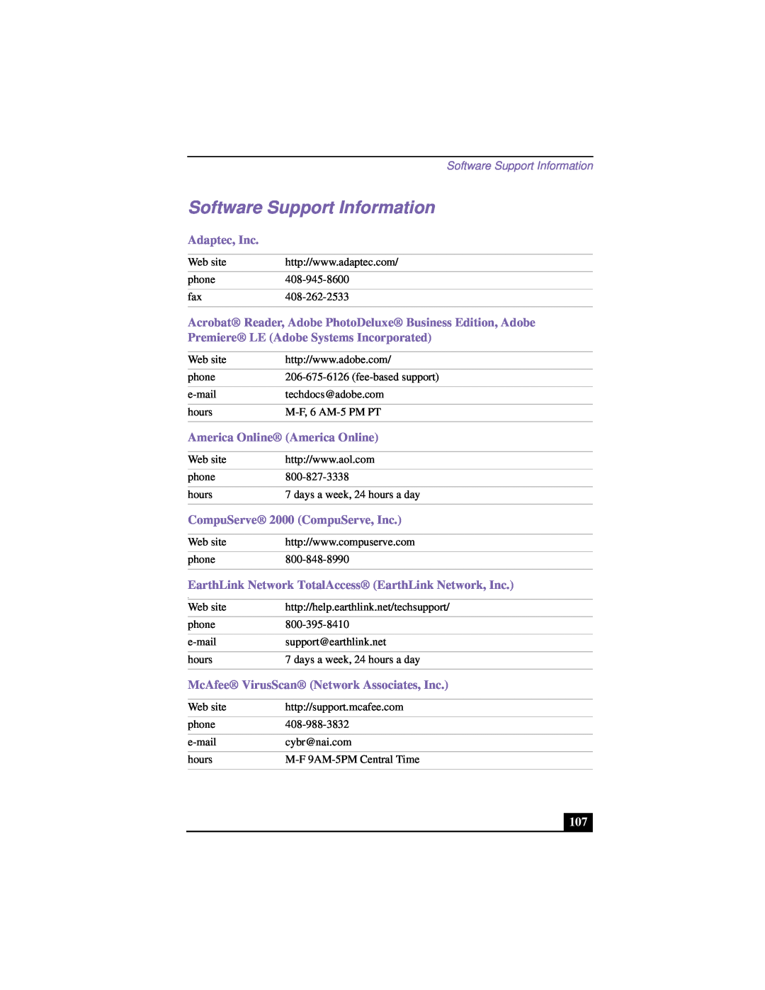 Sony PCG-FX120 manual Software Support Information, Adaptec, Inc, Acrobat Reader, Adobe PhotoDeluxe Business Edition, Adobe 