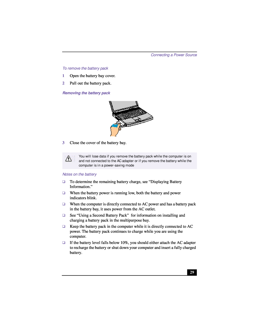 Sony PCG-FX120 manual To remove the battery pack, Notes on the battery 