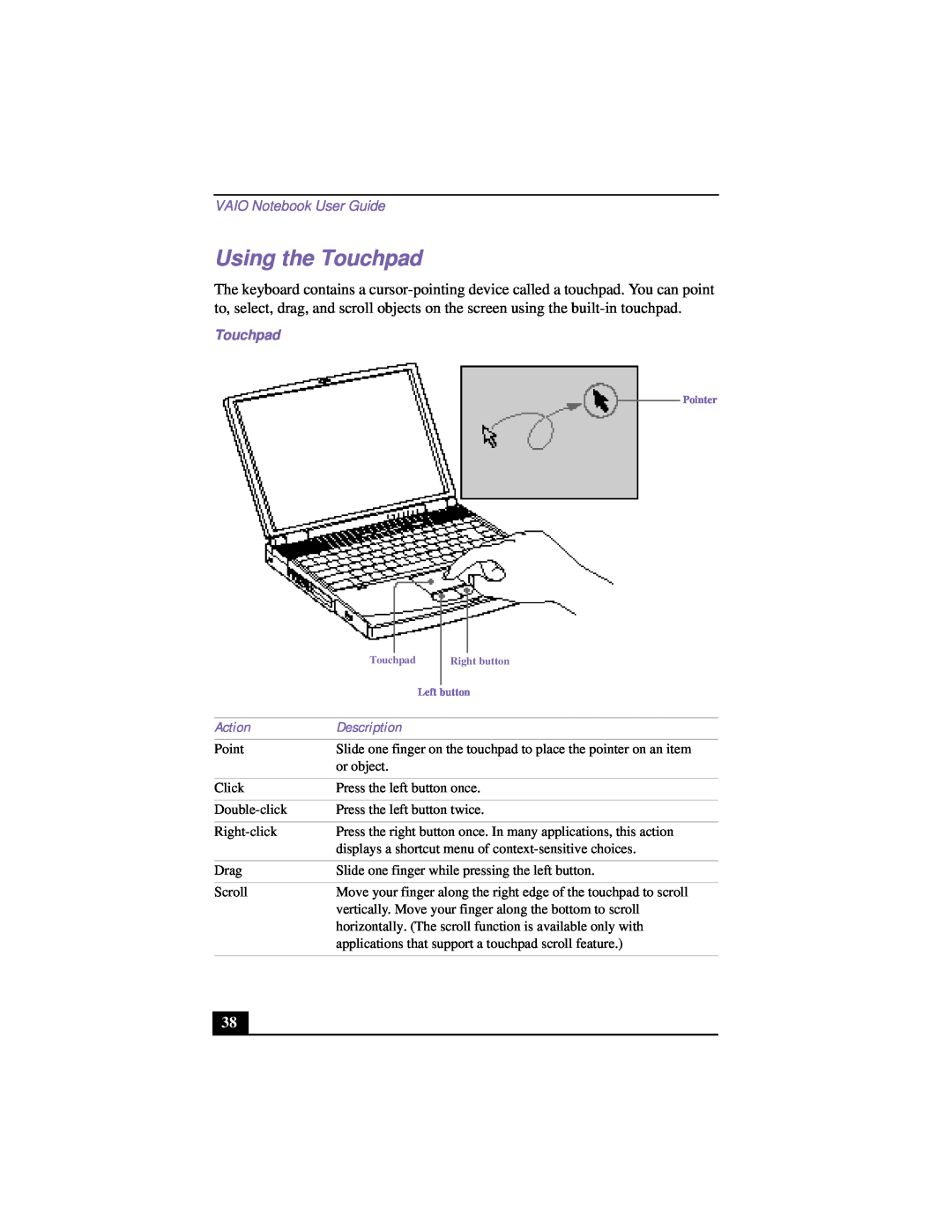 Sony PCG-FX120 manual Using the Touchpad, VAIO Notebook User Guide, Action, Description 
