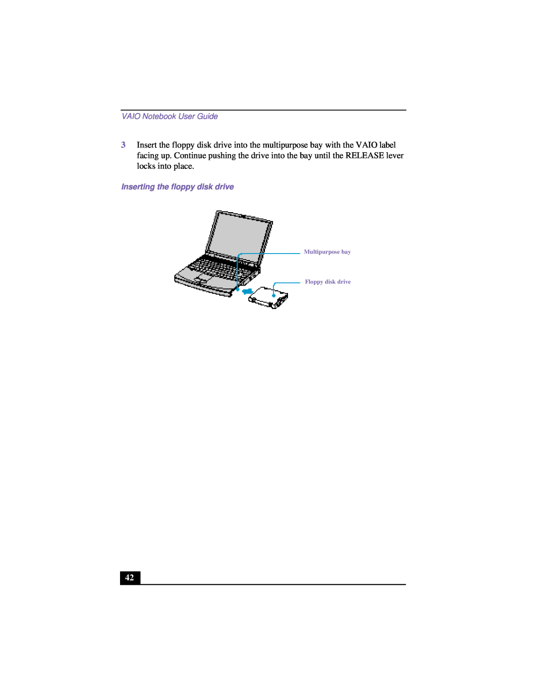 Sony PCG-FX120 manual VAIO Notebook User Guide, Inserting the floppy disk drive, Multipurpose bay Floppy disk drive 
