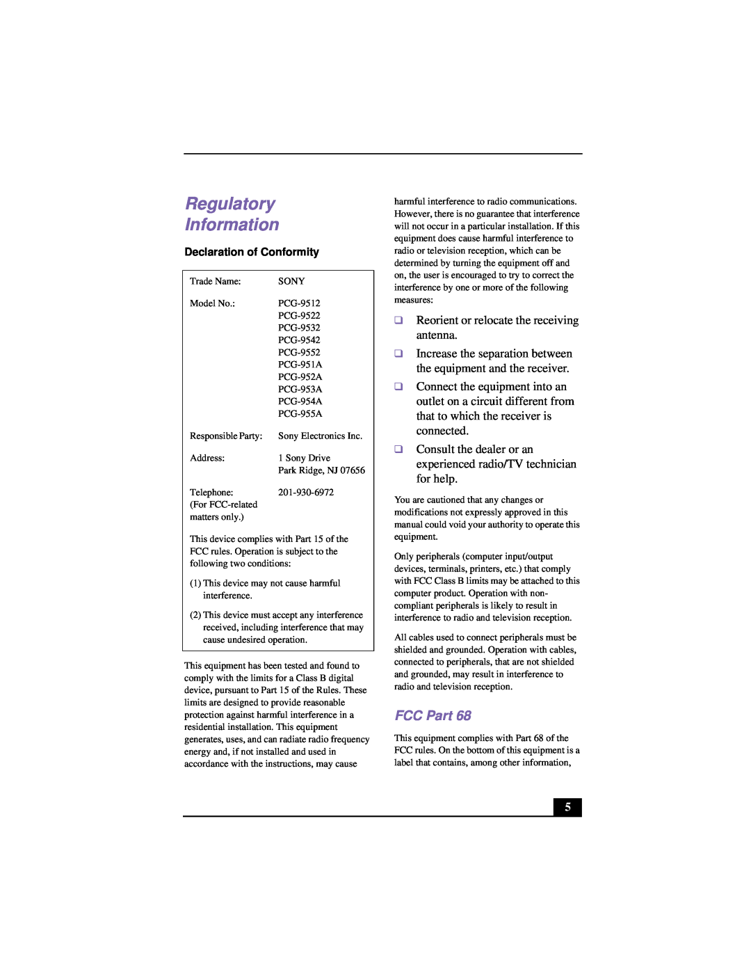 Sony PCG-FX120 manual Regulatory Information, FCC Part 