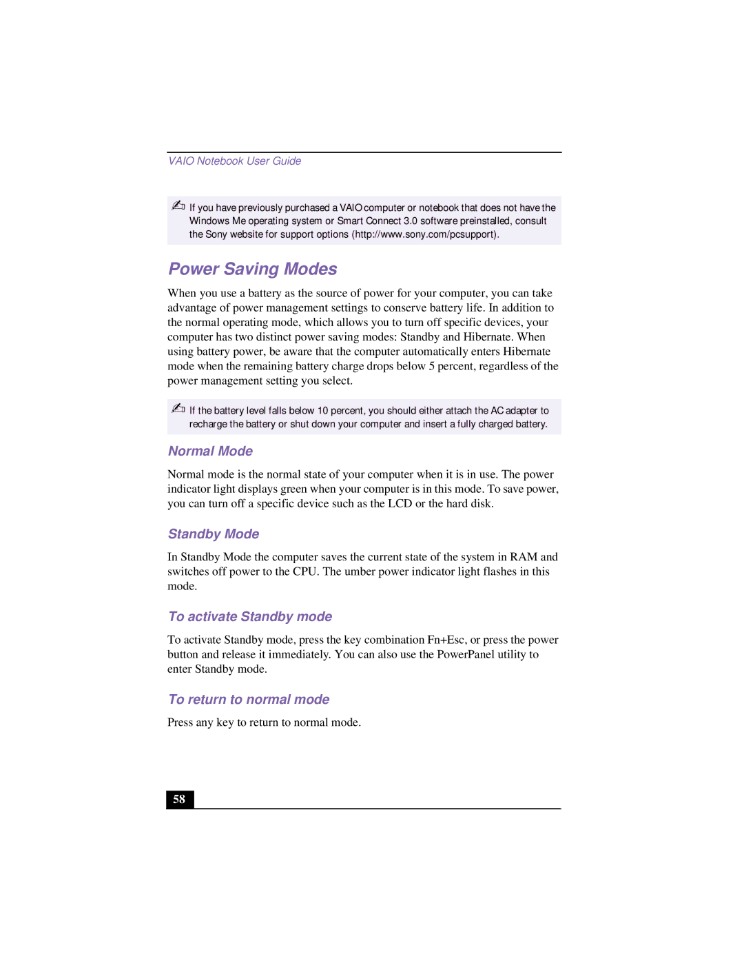 Sony PCG-FX190 manual Power Saving Modes, Normal Mode, Standby Mode, To activate Standby mode, To return to normal mode 