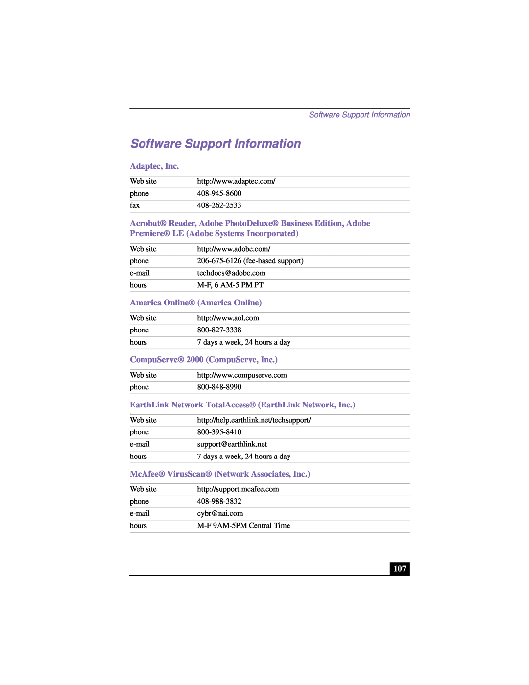 Sony PCG-FX170K Software Support Information, Adaptec, Inc, Acrobat Reader, Adobe PhotoDeluxe Business Edition, Adobe 
