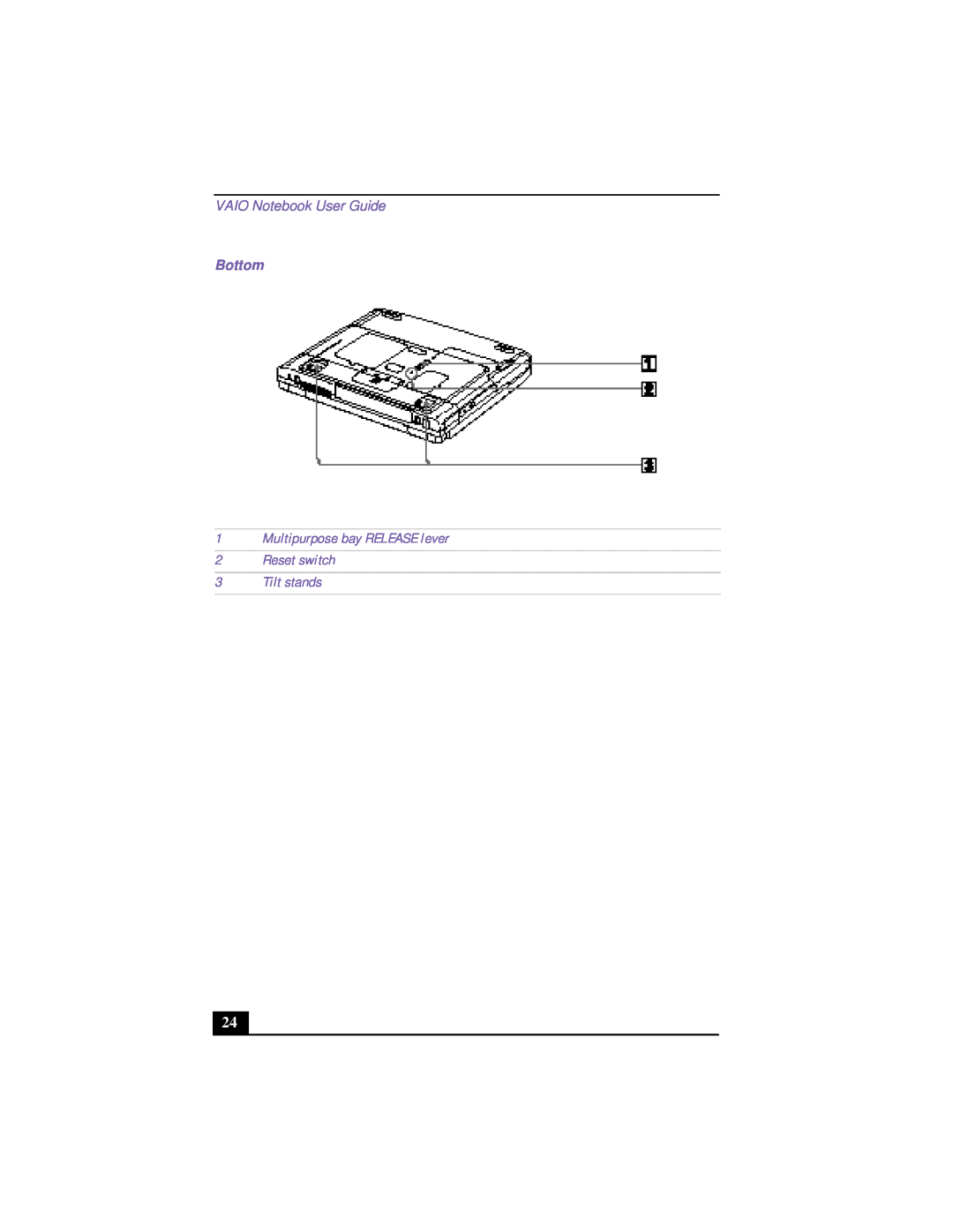 Sony PCG-FX120K, PCG-FX150 VAIO Notebook User Guide, Bottom 1 Multipurpose bay RELEASE lever 2 Reset switch 3 Tilt stands 