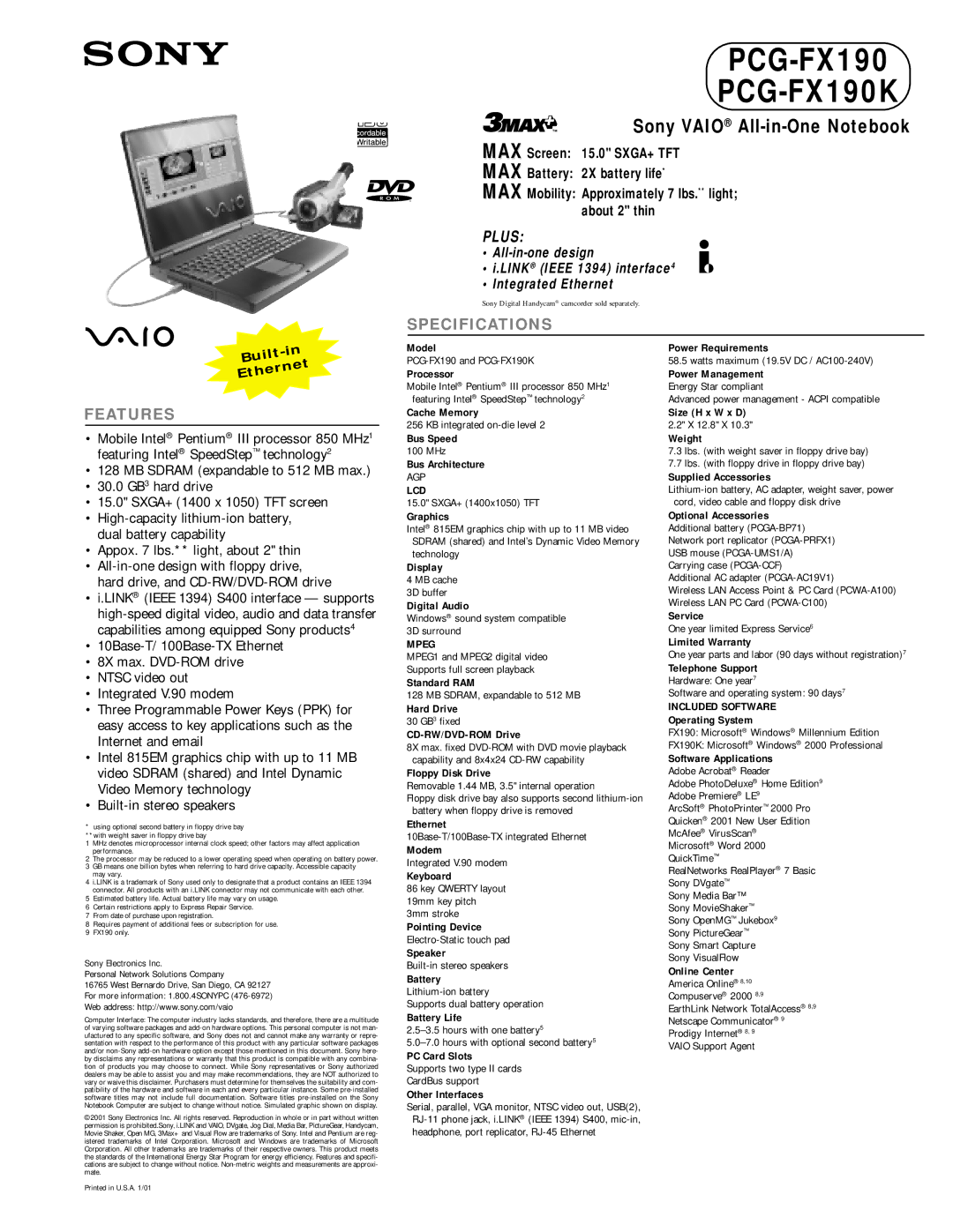 Sony PCG-FX190K specifications Specifications, Features, Lcd, Mpeg 