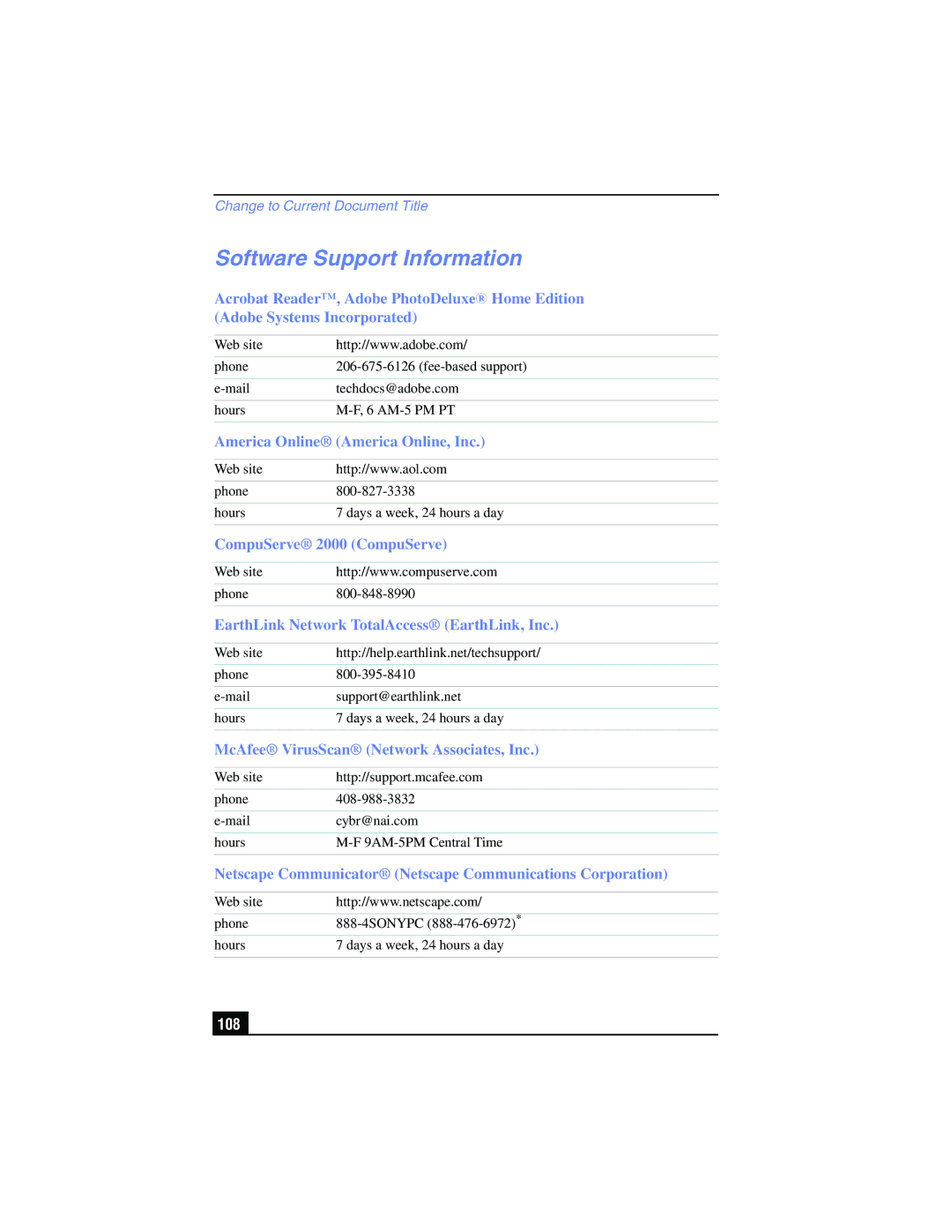 Sony PCG-FX210, PCG-FX215 manual Software Support Information, 108 