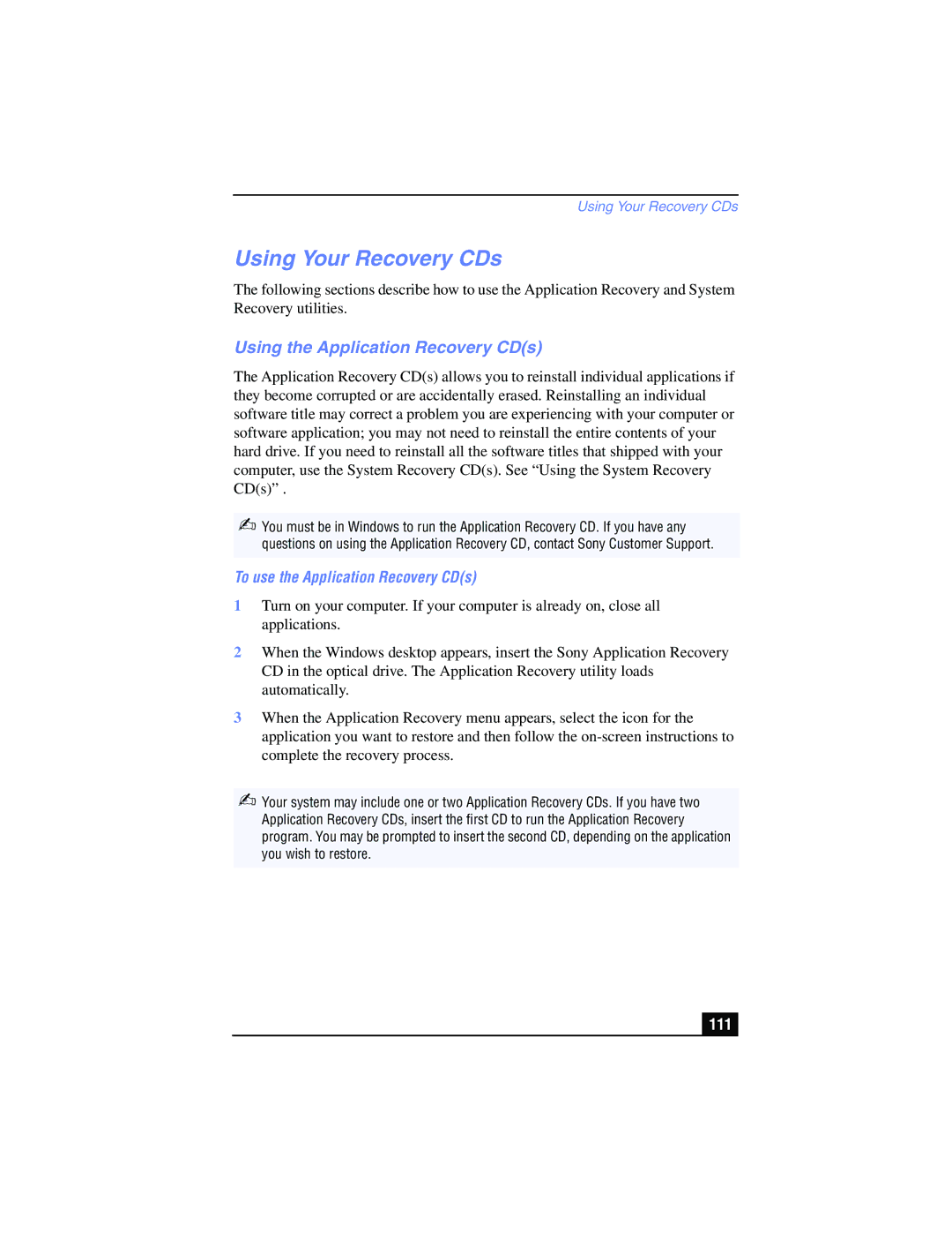 Sony PCG-FX215 manual Using Your Recovery CDs, Using the Application Recovery CDs, To use the Application Recovery CDs, 111 