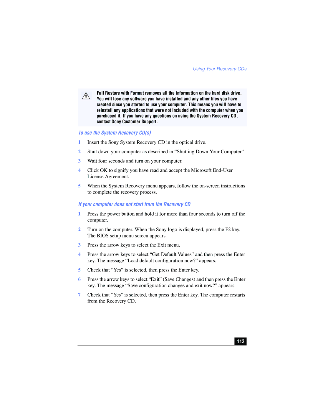 Sony PCG-FX215, PCG-FX210 manual To use the System Recovery CDs, If your computer does not start from the Recovery CD, 113 