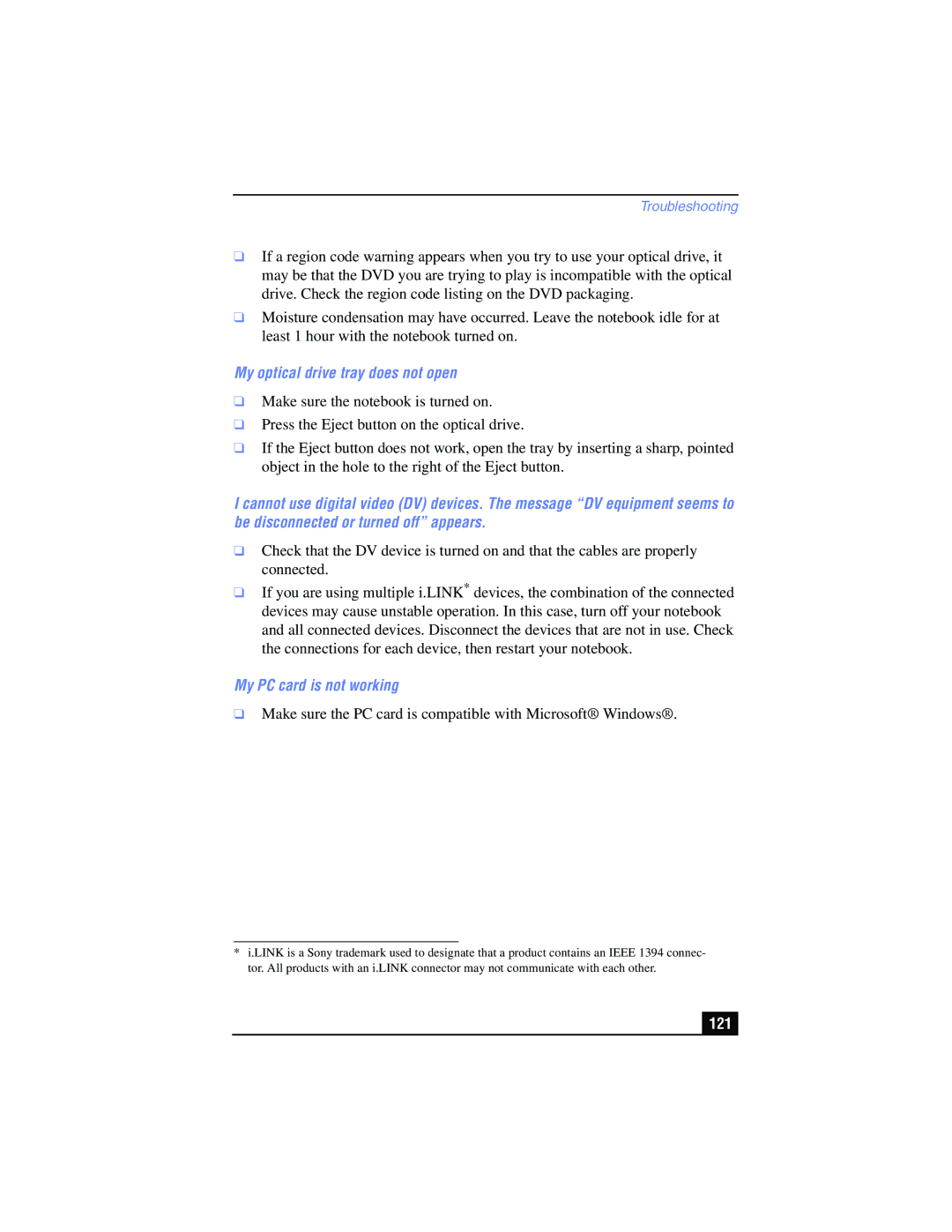 Sony PCG-FX215, PCG-FX210 manual My optical drive tray does not open, My PC card is not working, 121 