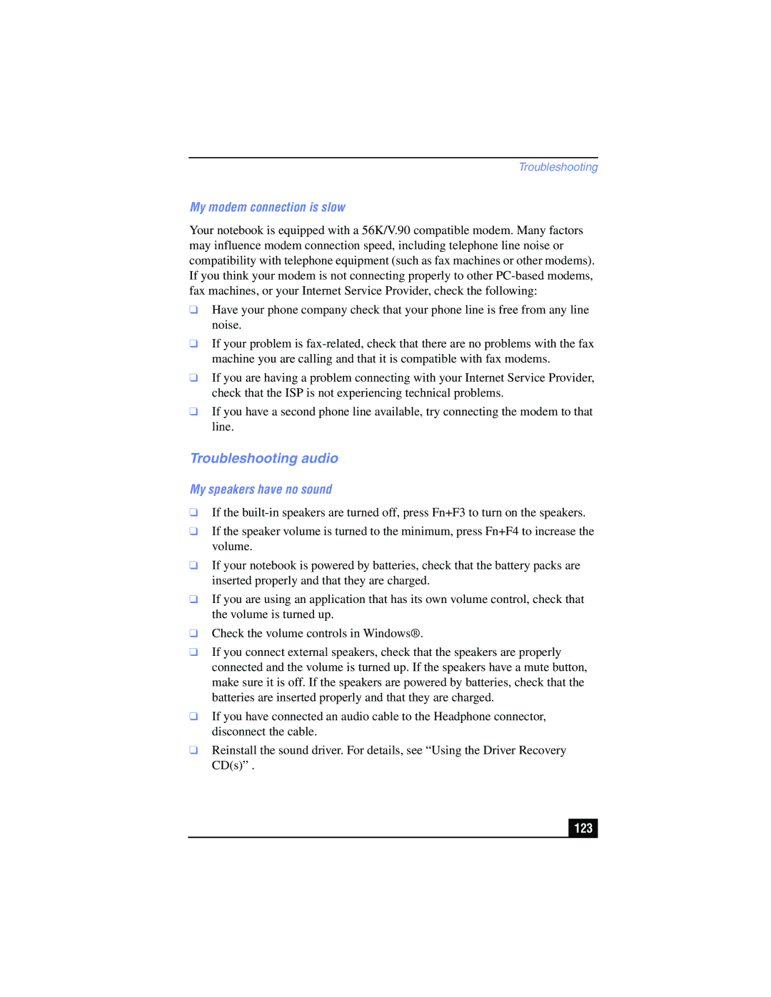 Sony PCG-FX215, PCG-FX210 manual Troubleshooting audio, My modem connection is slow, My speakers have no sound, 123 