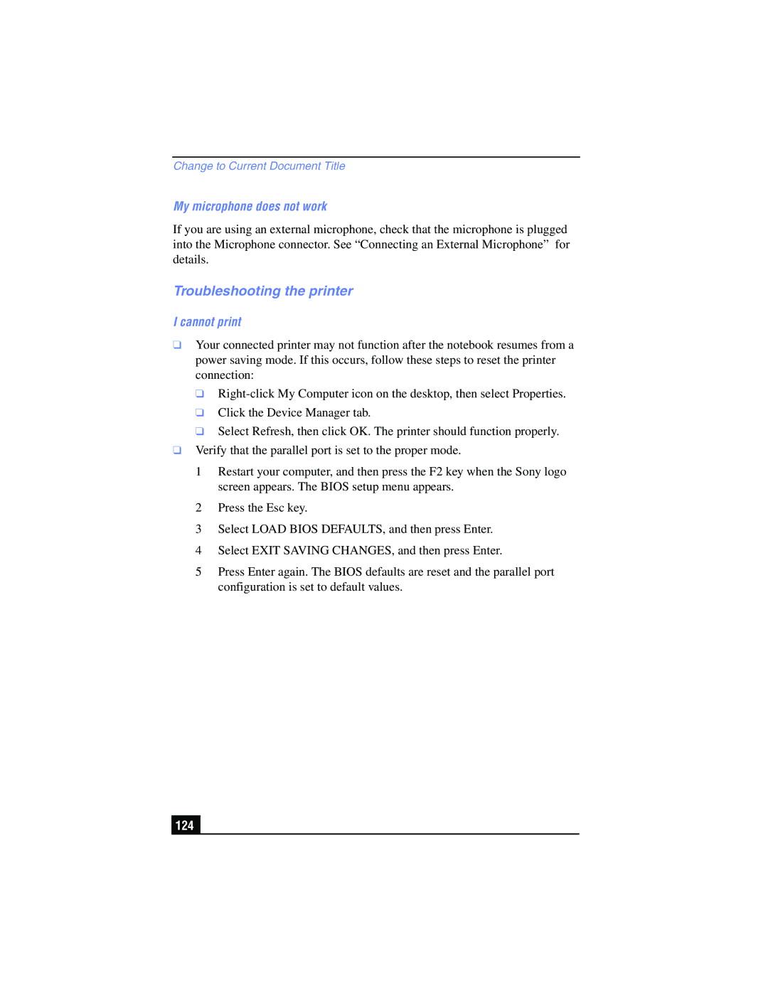 Sony PCG-FX210, PCG-FX215 manual Troubleshooting the printer, My microphone does not work, Cannot print, 124 