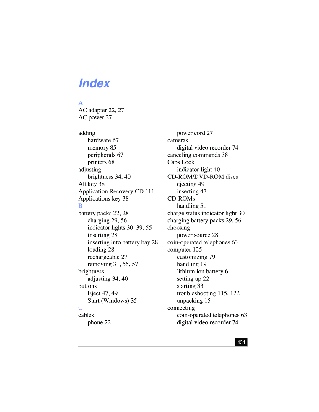 Sony PCG-FX215, PCG-FX210 manual Index, 131 