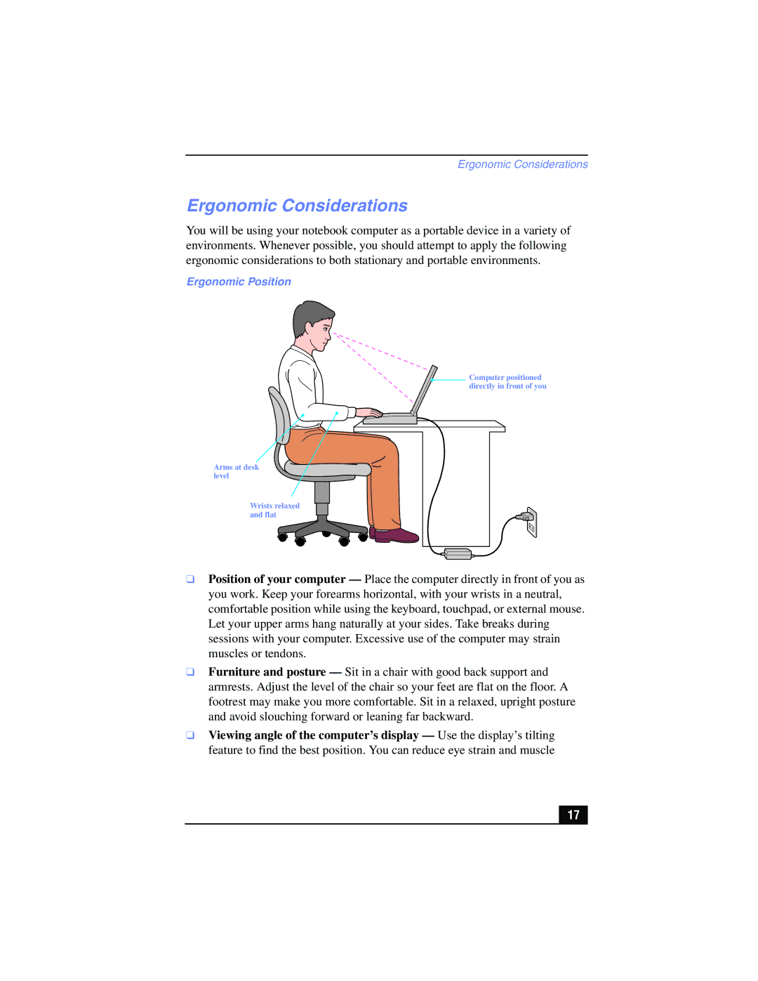 Sony PCG-FX215, PCG-FX210 manual Ergonomic Considerations, Ergonomic Position 