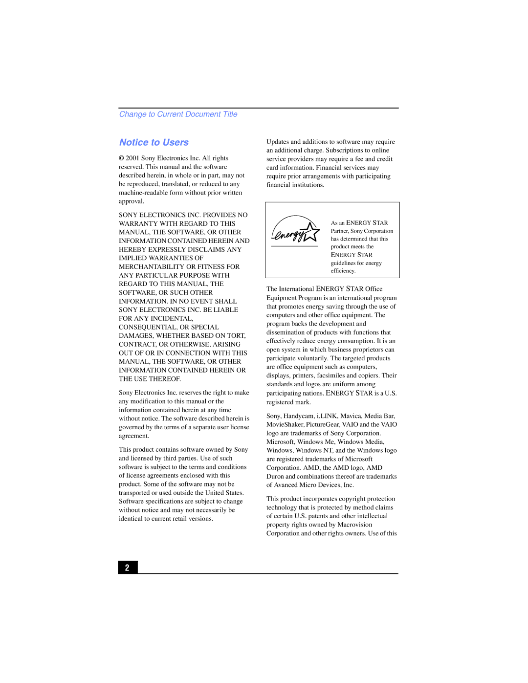 Sony PCG-FX210, PCG-FX215 manual Change to Current Document Title 