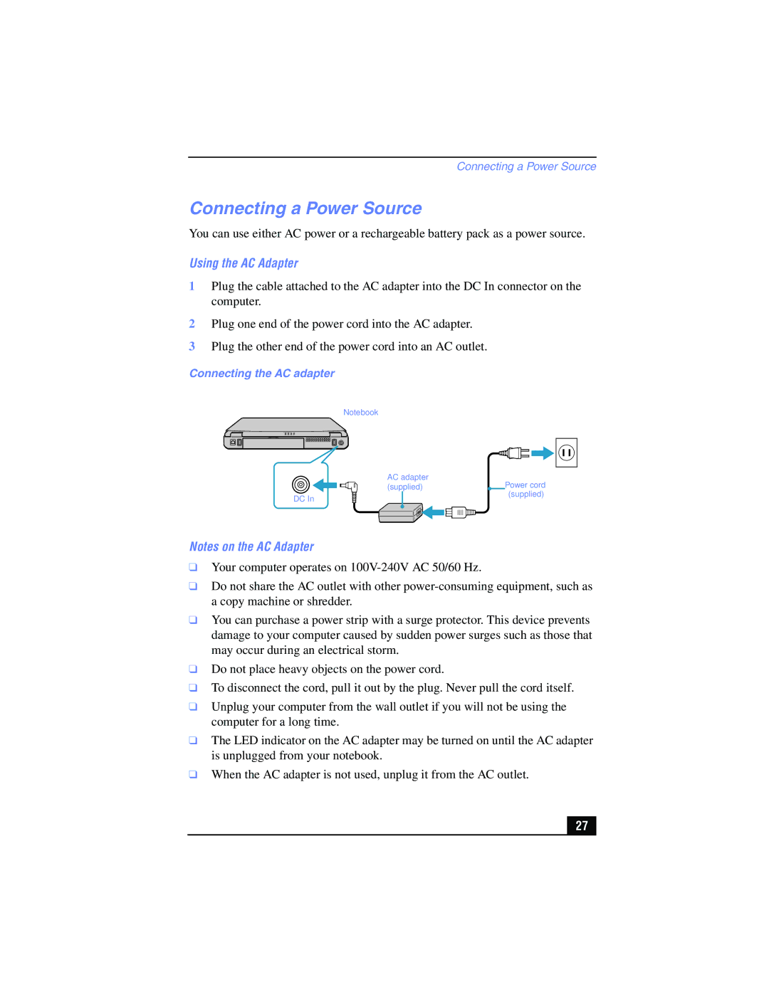 Sony PCG-FX215, PCG-FX210 manual Connecting a Power Source, Using the AC Adapter, Connecting the AC adapter 