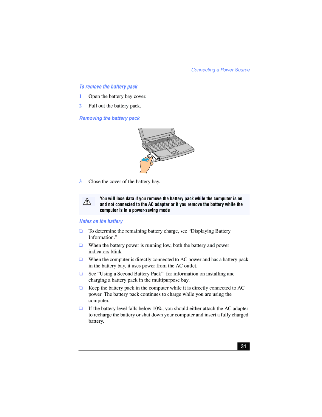 Sony PCG-FX215, PCG-FX210 manual To remove the battery pack, Removing the battery pack 