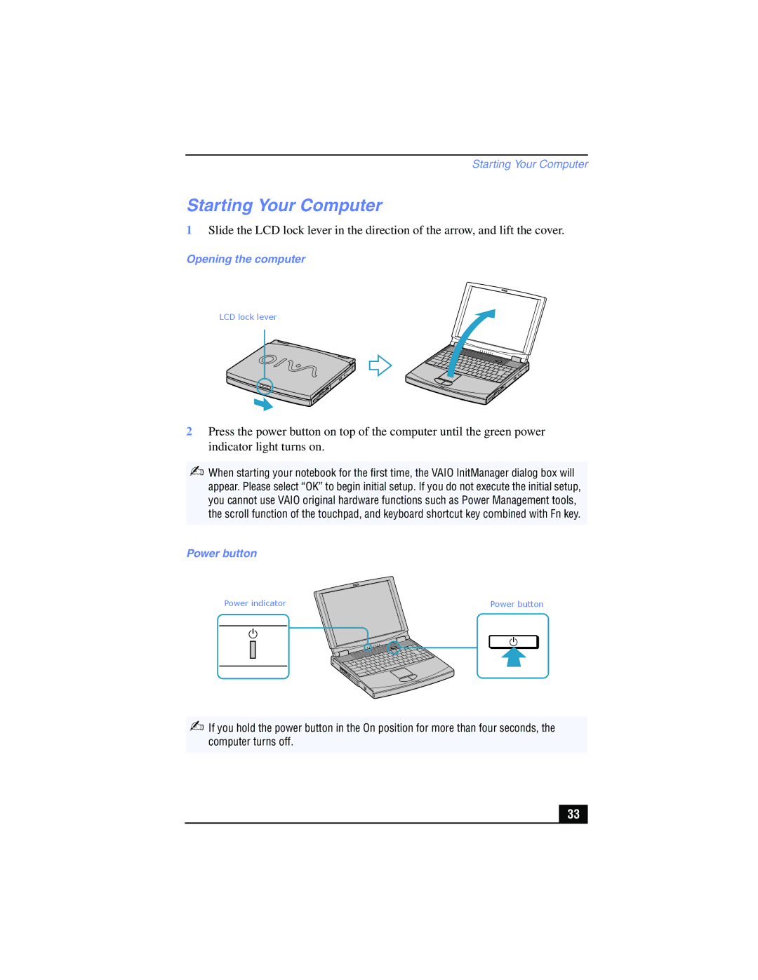 Sony PCG-FX215, PCG-FX210 manual Starting Your Computer, Opening the computer, Power button 