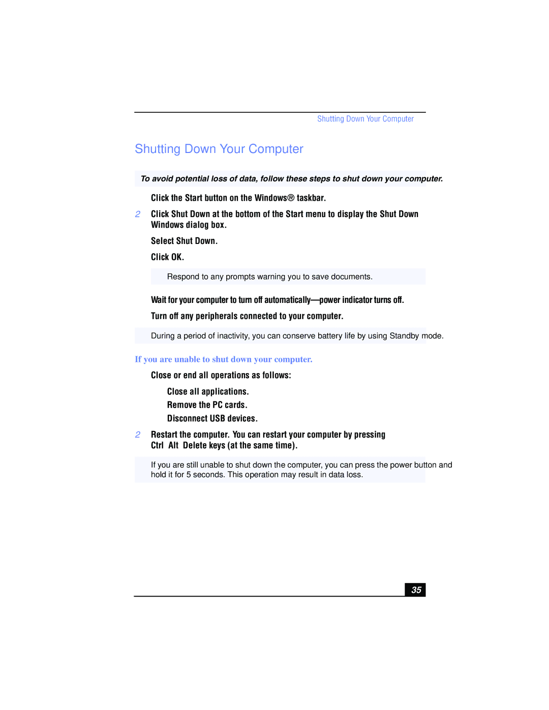 Sony PCG-FX215, PCG-FX210 manual Shutting Down Your Computer, If you are unable to shut down your computer 